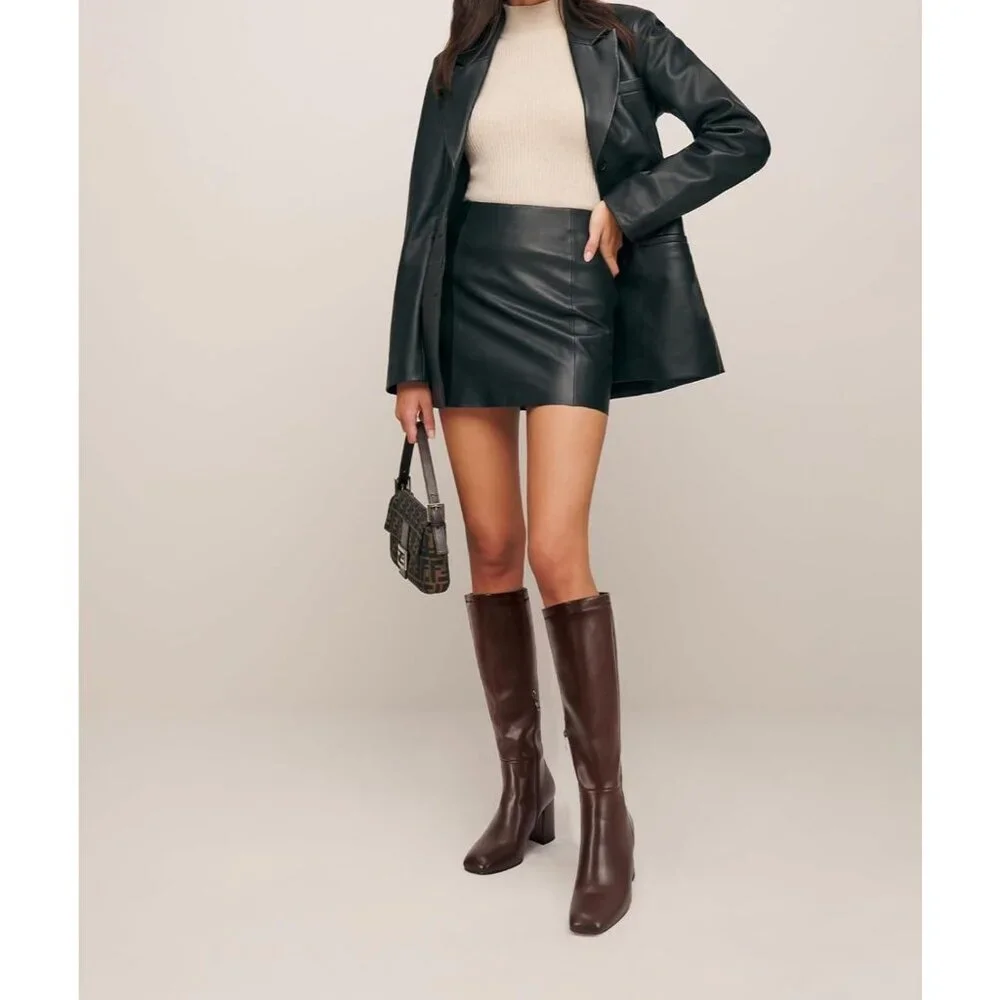 Women's Faux Leather Square Toe Chunky Heel Knee High Boots Side Zip Dark Brown